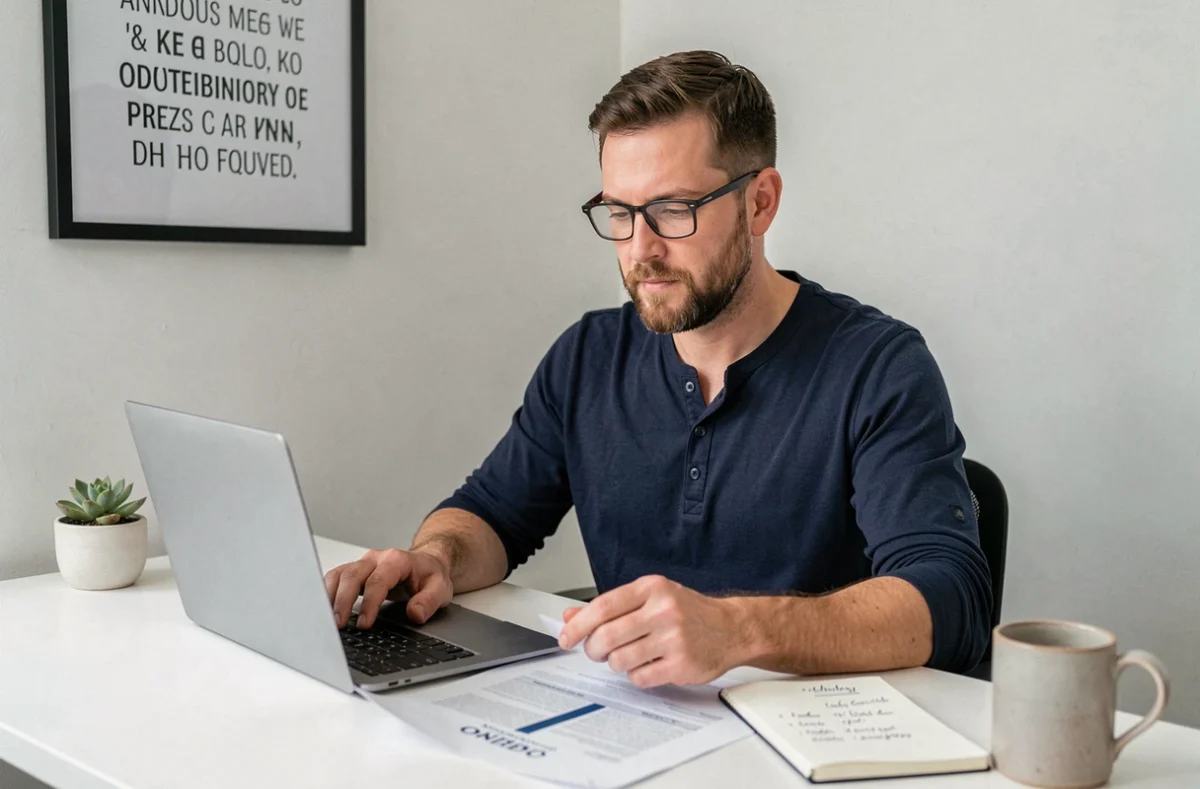 Entrepreneur solo travaillant sur son business plan à un bureau minimaliste dans un home office