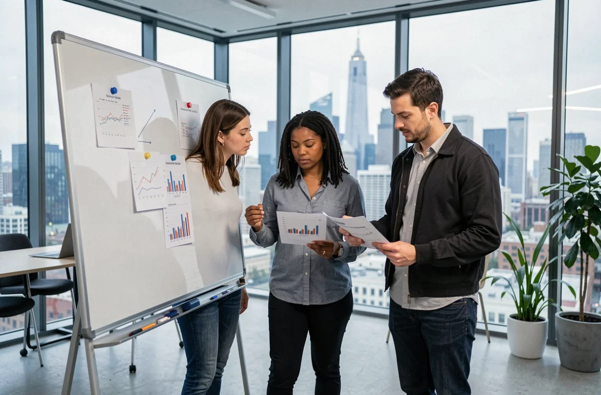 Équipe de fondateurs de startup analysant des rapports financiers dans un bureau moderne, face aux défis de la survie d'une jeune entreprise