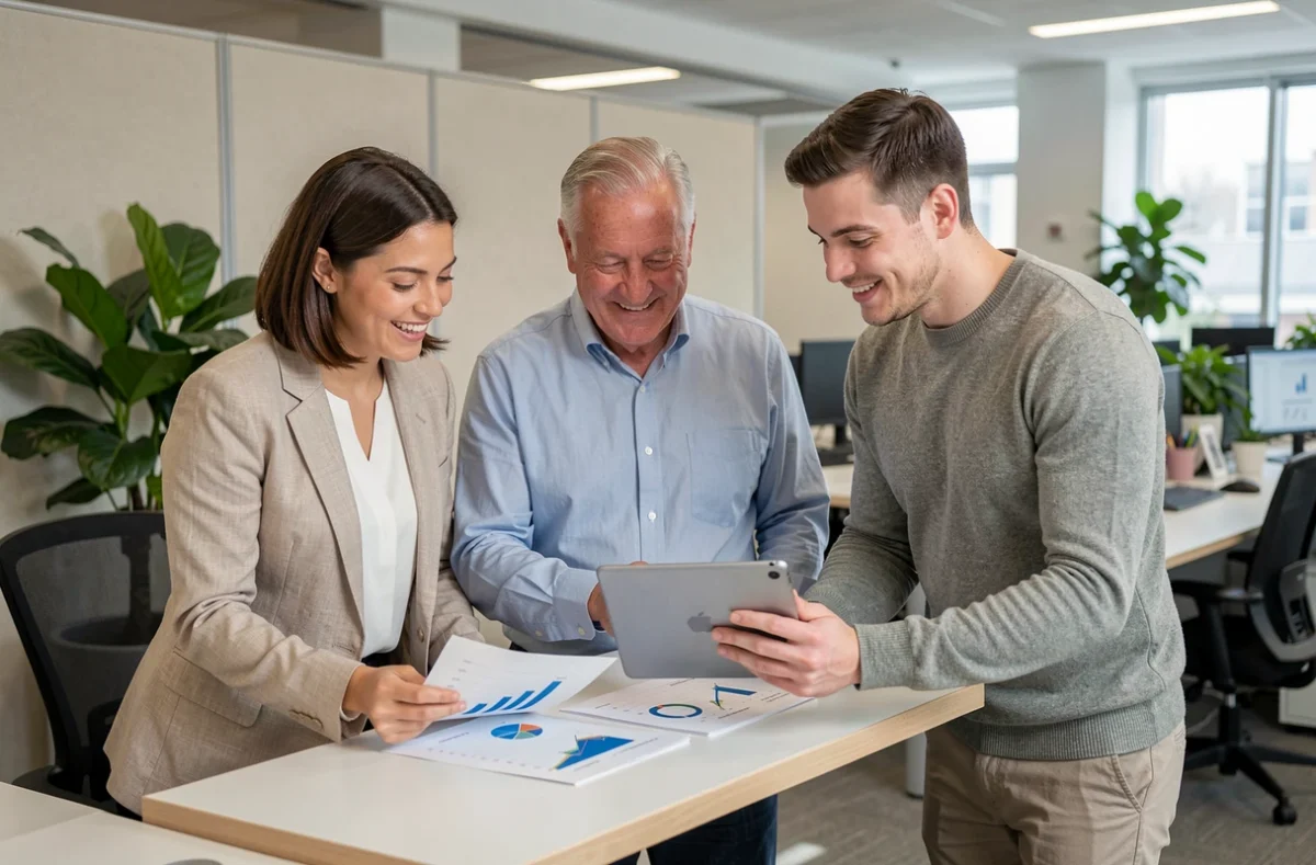 Équipe professionnelle diverse examinant des données ensemble dans un bureau moderne, représentant la gestion des relations clients et fournisseurs