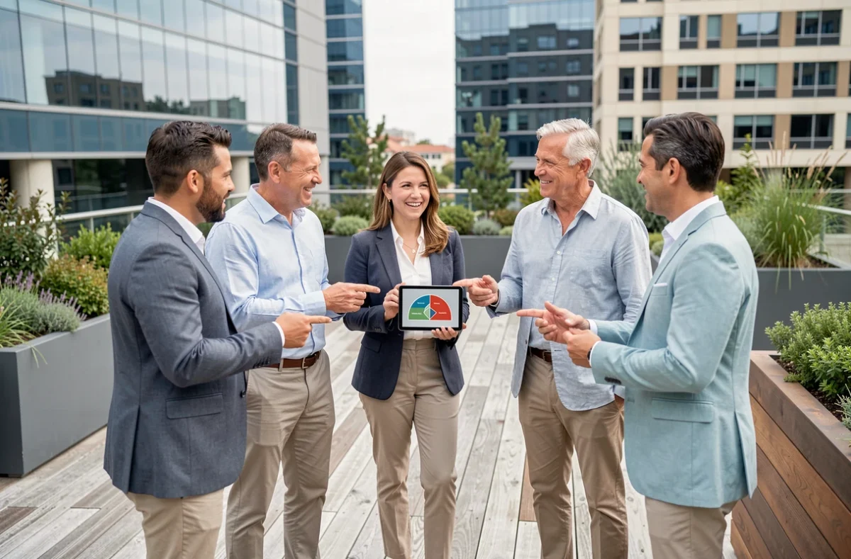 Équipe professionnelle multiculturelle discutant des styles de management situationnel sur une terrasse d'entreprise moderne