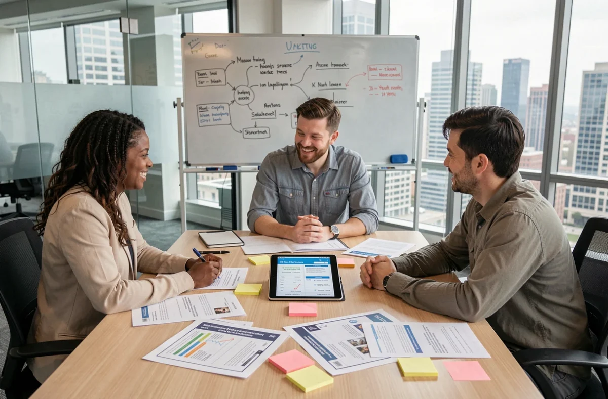 Équipe marketing diverse autour d'une table de réunion analysant des rapports de campagnes d'email marketing segmentées