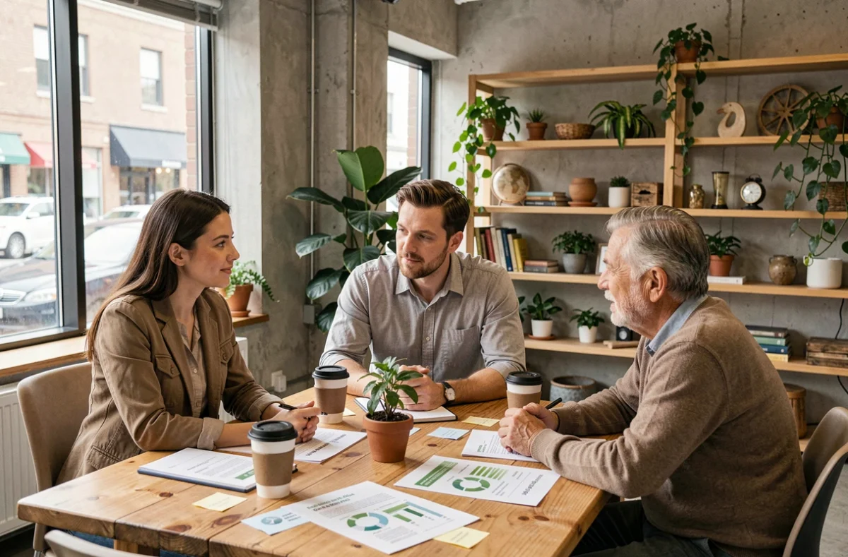 Équipe de collègues discutant d'une stratégie de développement durable autour d'une table dans un espace de coworking