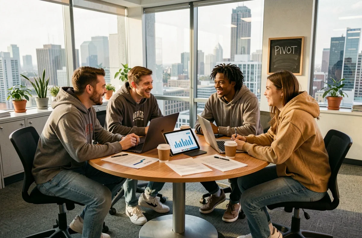 Équipe de jeunes entrepreneurs en réunion de brainstorming autour d'une table dans un bureau de startup