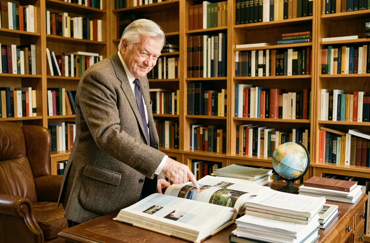 Homme âgé à l'attitude condescendante dans une bibliothèque personnelle pointant un encyclopédie, symbolisant le faux expert convaincu de tout savoir