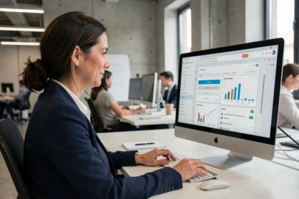 Professionnelle en blazer marine analysant des campagnes d'email marketing sur un écran d'ordinateur dans un bureau moderne