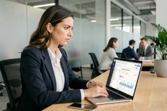 Femme professionnelle analysant son e-réputation sur un ordinateur portable dans un bureau moderne