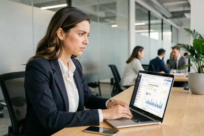 Femme professionnelle analysant son e-réputation sur un ordinateur portable dans un bureau moderne