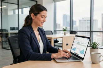 Femme professionnelle analysant des données de génération de leads sur un ordinateur portable dans un bureau moderne