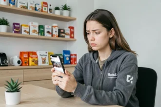 Jeune femme anxieuse regardant son smartphone entourée de produits sponsorisés, illustrant les effets négatifs du marketing d'influence