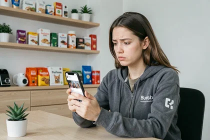 Jeune femme anxieuse regardant son smartphone entourée de produits sponsorisés, illustrant les effets négatifs du marketing d'influence
