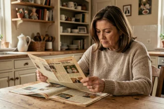 Femme nostalgique feuilletant un ancien catalogue des Trois Suisses dans une cuisine française