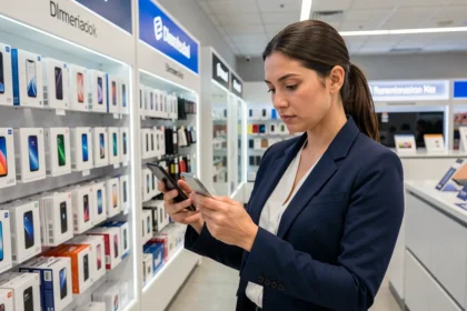 Femme comparant deux smartphones dans une boutique de téléphonie mobile moderne, illustrant le marché de la téléphonie mobile