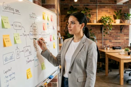 Femme entrepreneur pointant un tableau blanc avec des schémas de business model dans un espace de co-working moderne