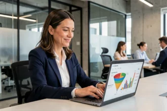 Femme marketing B2B analysant des données de génération de leads sur un ordinateur portable dans un bureau moderne