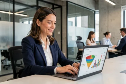 Femme marketing B2B analysant des données de génération de leads sur un ordinateur portable dans un bureau moderne