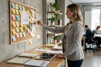 Femme organisatrice debout devant un tableau de planification dans un bureau moderne, entourée de notes et de carnets ouverts