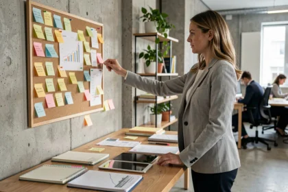 Femme organisatrice debout devant un tableau de planification dans un bureau moderne, entourée de notes et de carnets ouverts