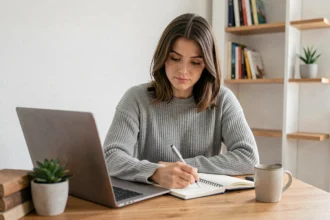 Femme en télétravail concentrée sur son ordinateur portable dans un bureau à domicile organisé