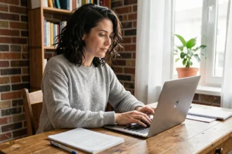 Femme en télétravail assise à son bureau à domicile avec un ordinateur portable, dans un appartement cosy avec mur en briques apparentes