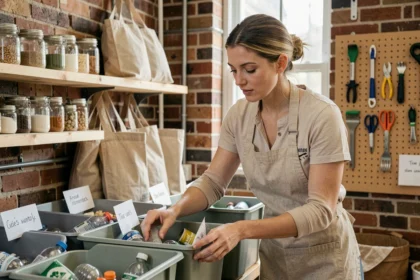 Femme triant des matériaux recyclables dans un atelier communautaire zéro déchet, illustration de la durabilité au quotidien