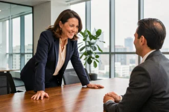 Une professionnelle souriante en blazer marine écoute attentivement son client lors d'une réunion en bureau moderne