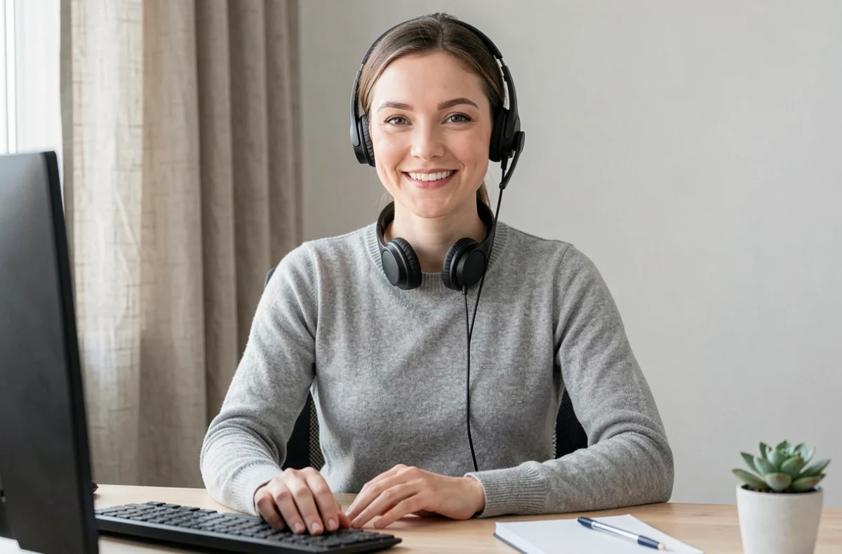 Une conseillère clientèle souriante et attentive en télétravail incarne une relation client valorisante et professionnelle
