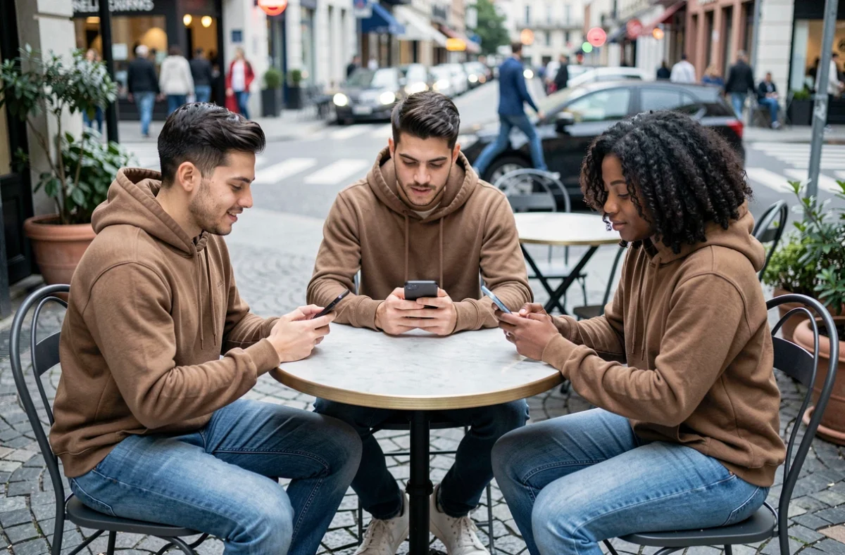 Groupe de jeunes adultes utilisant différents smartphones en terrasse, représentant la diversité des usagers du marché de la téléphonie mobile