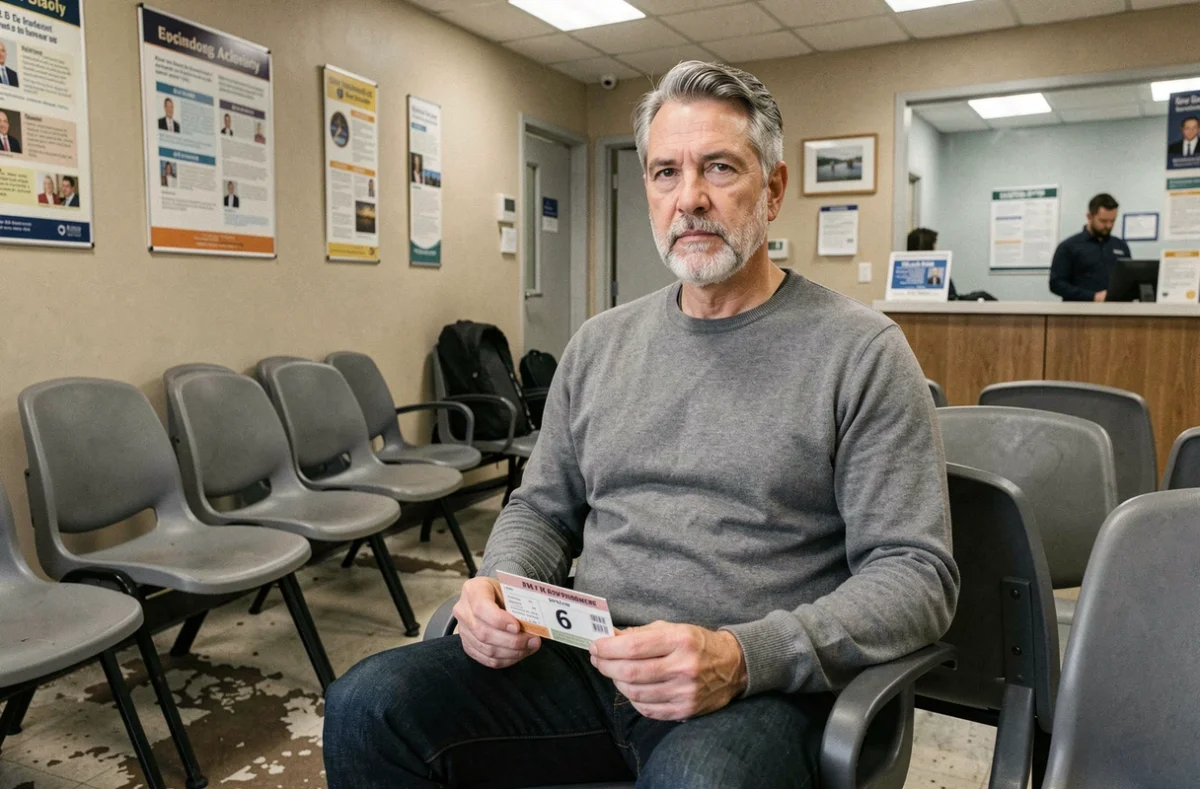 Homme en salle d'attente d'une agence pour l'emploi tenant un ticket numéroté
