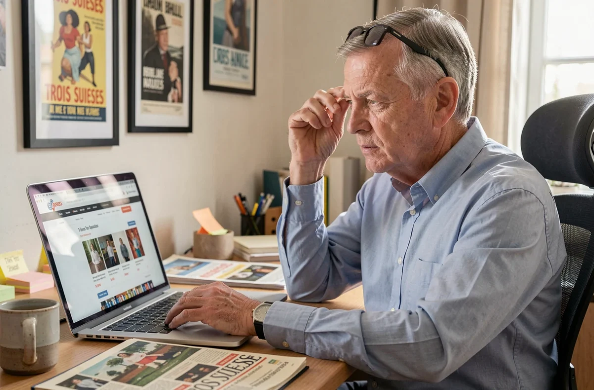Homme comparant un ancien catalogue papier des Trois Suisses avec un site e-commerce moderne