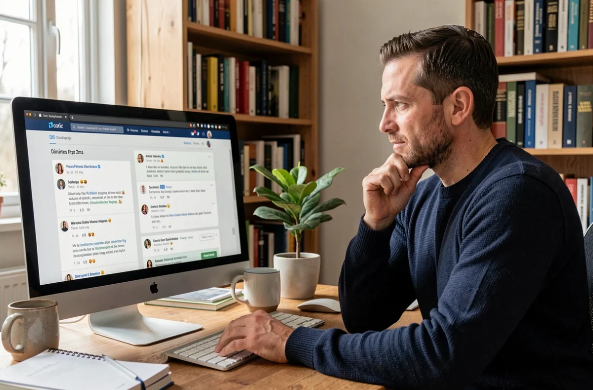 Homme consultant les avis en ligne et commentaires sur son e-réputation depuis un bureau à domicile