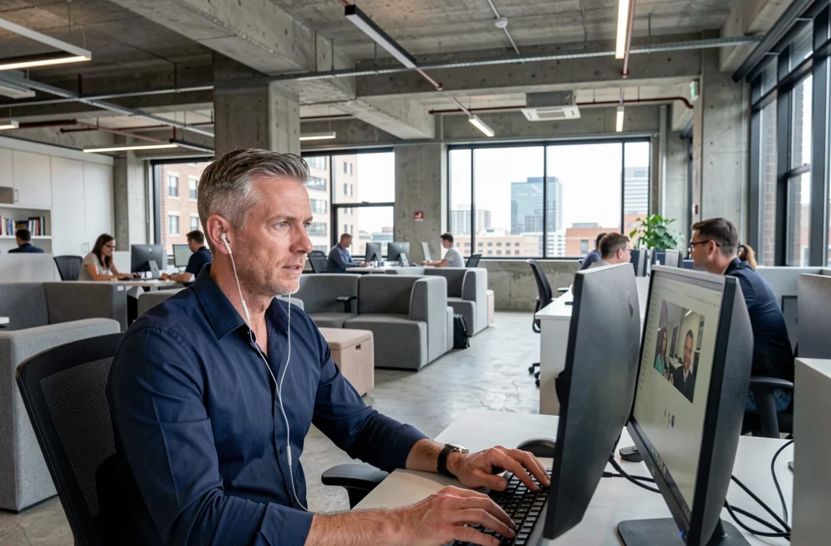 Homme en télétravail dans un espace de coworking moderne avec double écran et casque, illustrant le futur des modes de travail hybrides