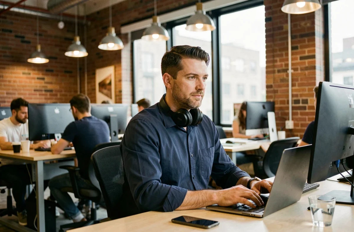 Homme en télétravail dans un espace de coworking moderne avec ordinateur portable et casque audio