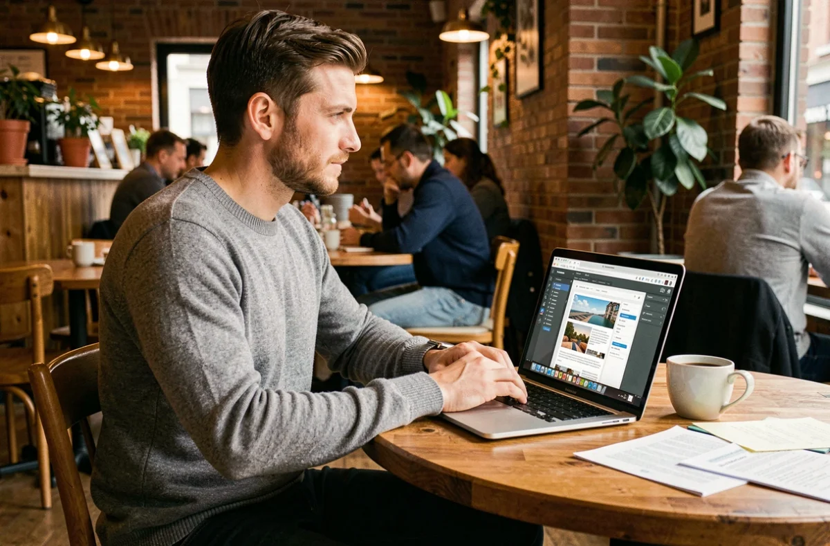 Homme en pull gris travaillant sur un modèle de newsletter email dans un café avec laptop et notes
