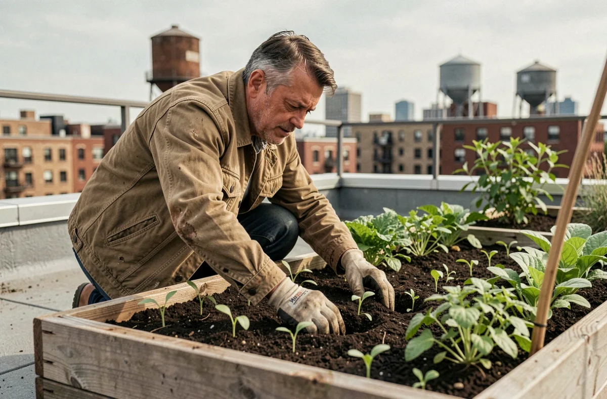 Homme jardinant dans un potager urbain sur un toit, symbole de l'agriculture durable en ville