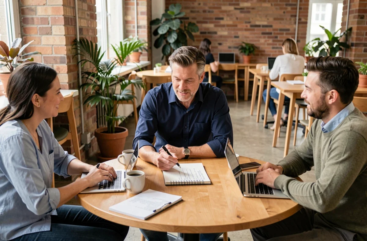 Homme animant une réunion d'équipe organisée autour d'un agenda manuscrit dans un espace de co-working chaleureux