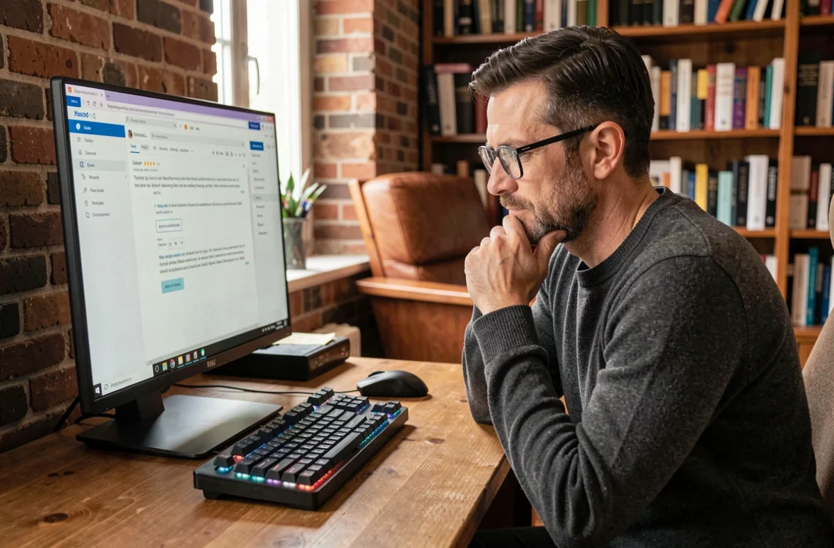 Homme en télétravail relisant attentivement un e-mail de collaboration professionnelle sur son grand écran de bureau à domicile