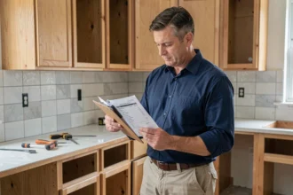 Homme à tout faire examinant une facture sur un chantier de rénovation de cuisine