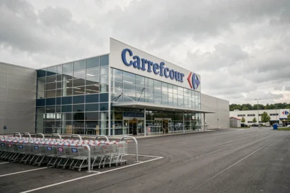 Façade extérieure d'un hypermarché Carrefour avec parking et chariots alignés