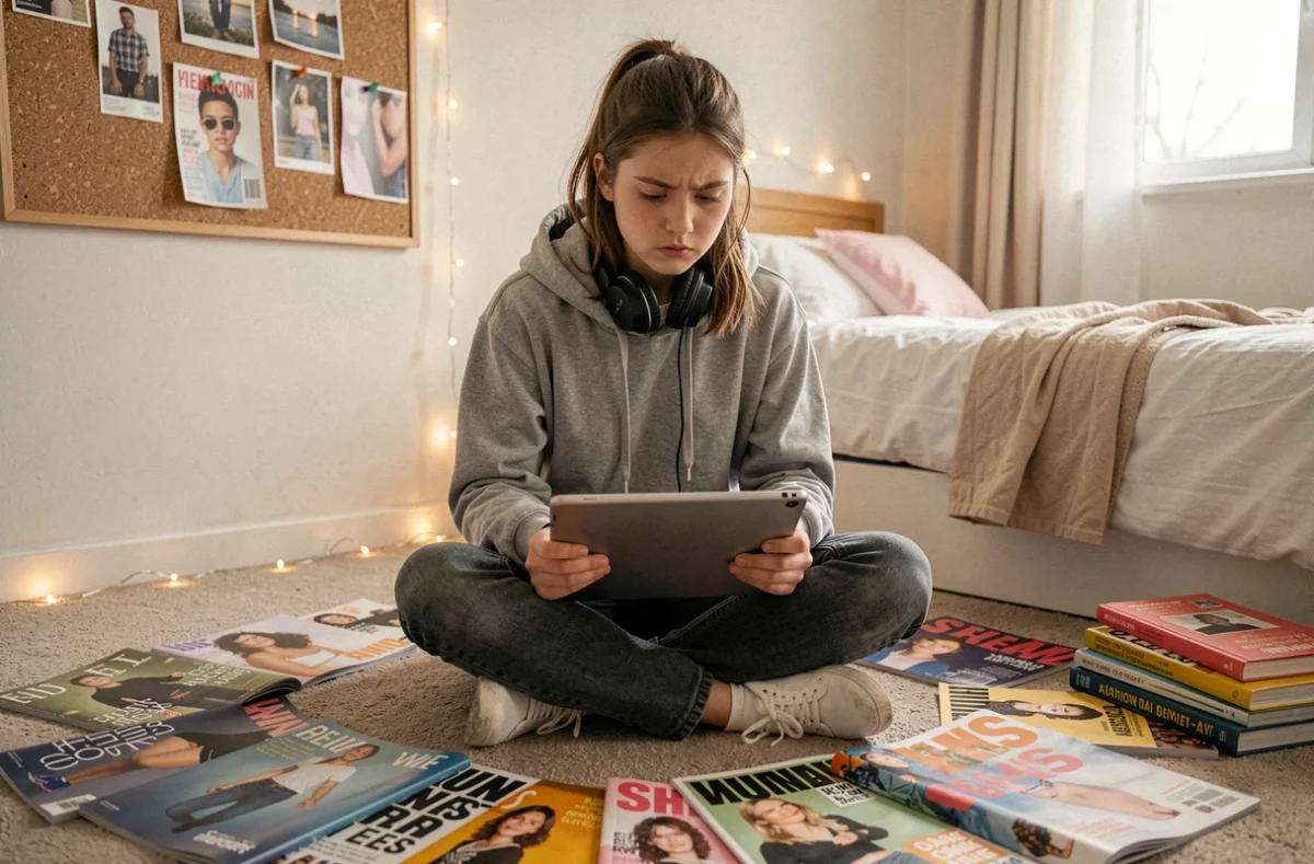 Adolescente sceptique entourée de magazines publicitaires dans sa chambre, illustrant la surcharge publicitaire