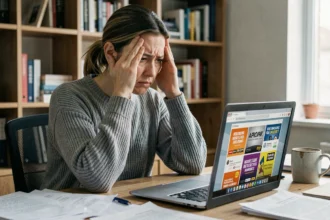 Femme frustrée face aux publicités intrusives sur son ordinateur portable dans un bureau à domicile