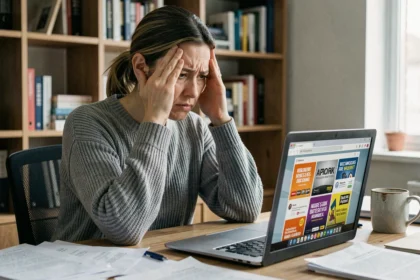 Femme frustrée face aux publicités intrusives sur son ordinateur portable dans un bureau à domicile