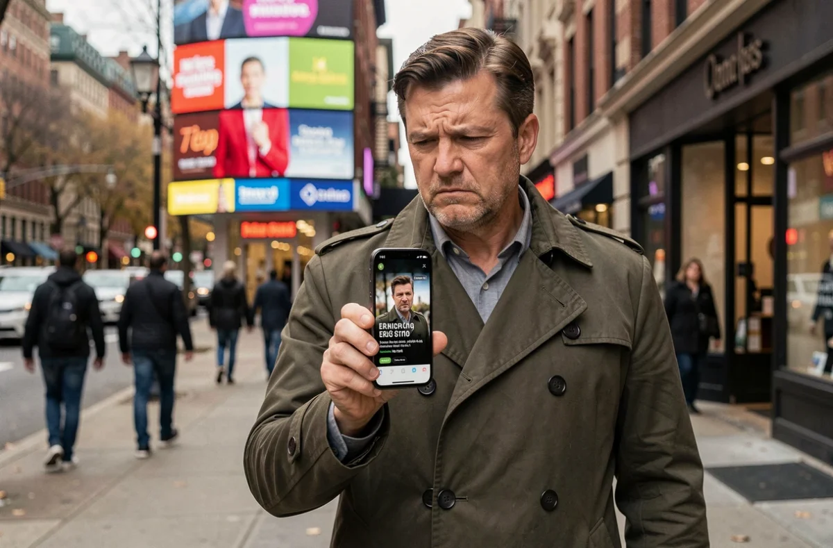 Homme agacé par une publicité plein écran sur son smartphone dans une rue commerçante animée