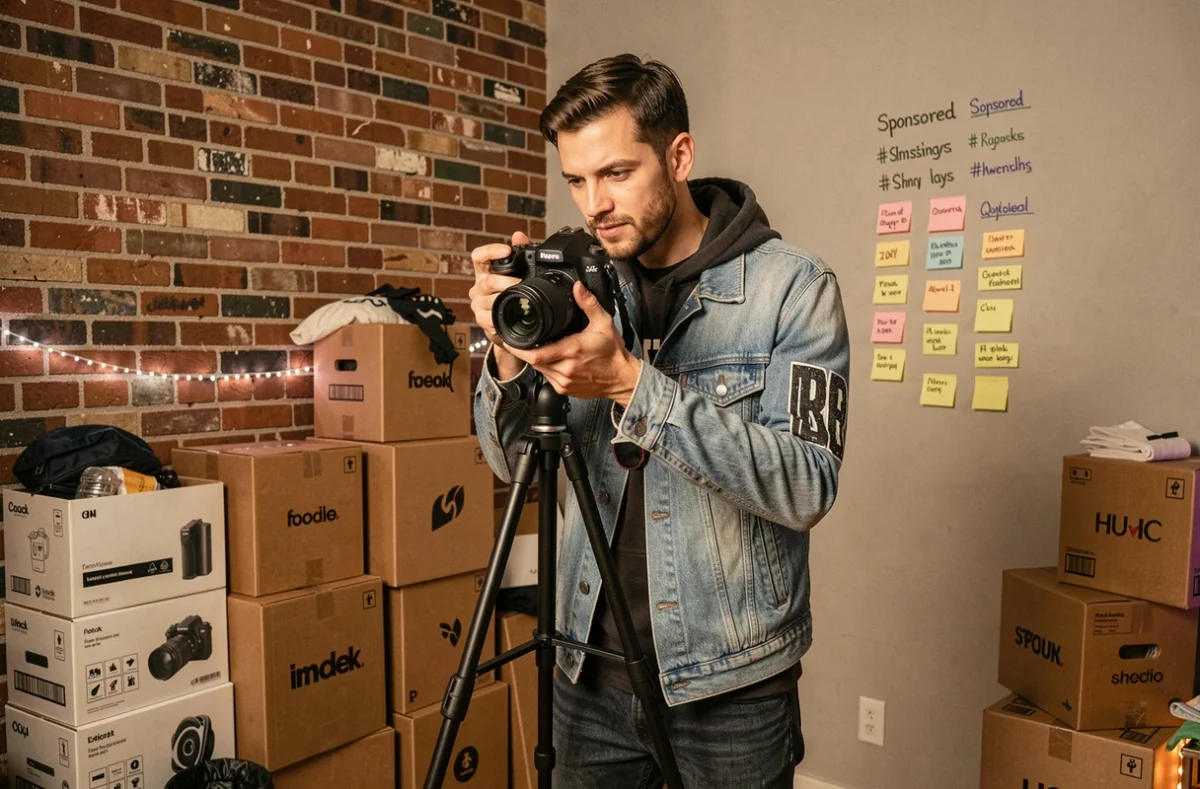 Influenceur masculin filmant une vidéo sponsorisée dans un appartement encombré de produits, révélant l'artifice du marketing d'influence