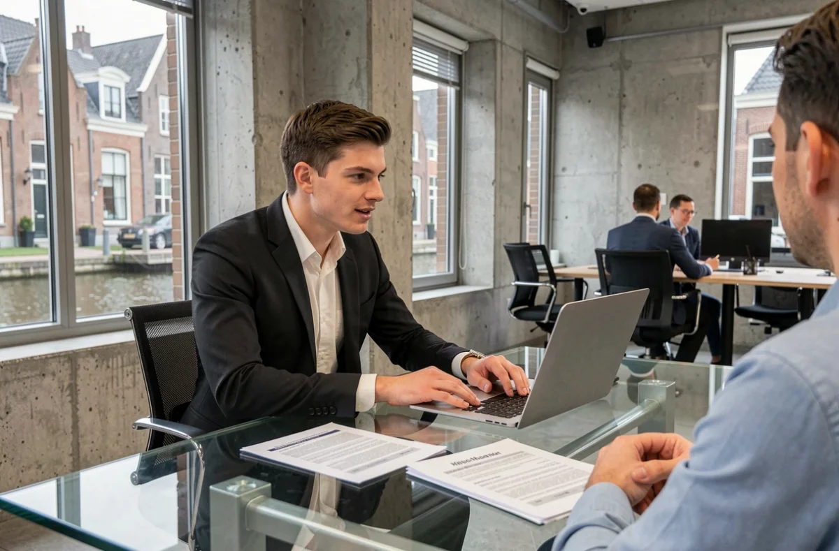 Jeune avocat belge en réunion avec un client dans un bureau moderne à Bruges, documents de négociation salariale sur la table