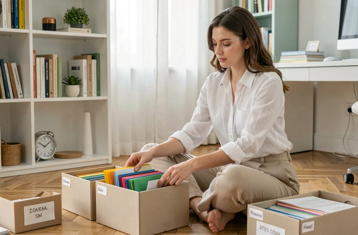 Jeune femme organisant des dossiers colorés et des documents dans un bureau à domicile minimaliste et ordonné