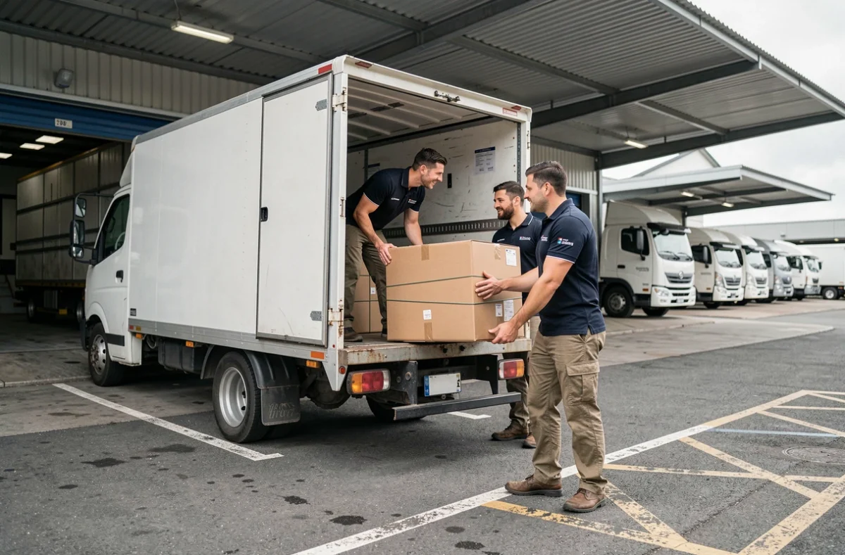 Livreurs chargeant des marchandises dans un camion de livraison à un quai logistique