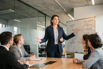 Manager femme en blazer marine animant une réunion de leadership situationnel avec son équipe dans un bureau moderne vitré
