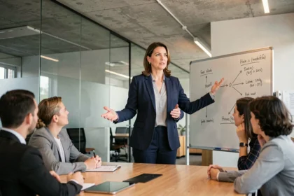 Manager femme en blazer marine animant une réunion de leadership situationnel avec son équipe dans un bureau moderne vitré