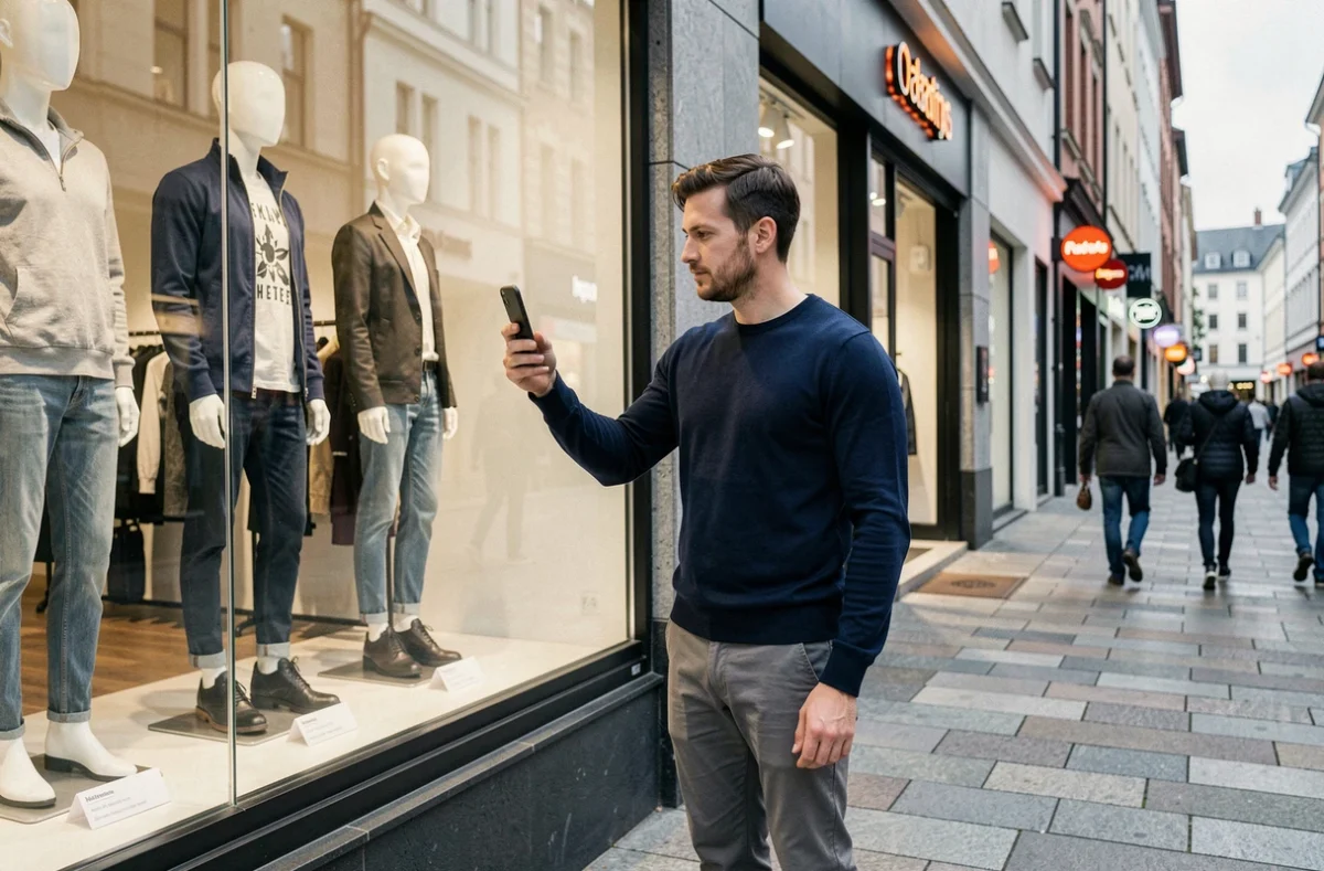 Homme photographiant une vitrine de mode pour identifier les tendances actuelles en ville