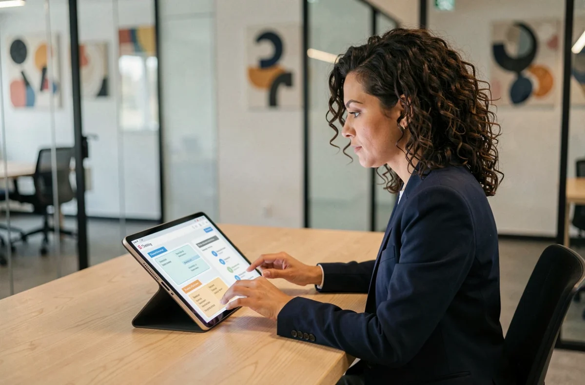 Professionnelle utilisant un canvas digital de design thinking sur tablette pour structurer un processus d'innovation